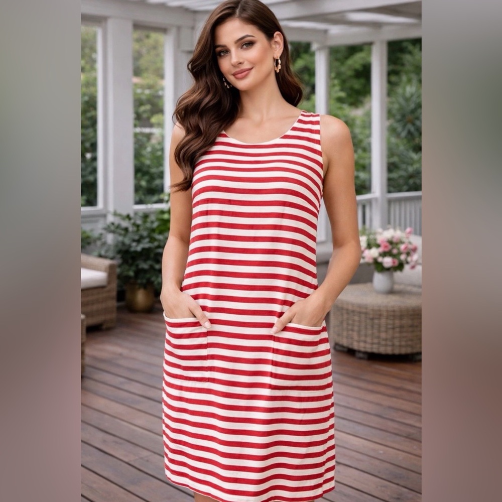 S MaxMara Red and White Striped Sleeveless Swim Coverup